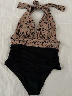 Cupshe Leopard Print Plunge Halter Tummy Control One Piece Swimsuit Large L